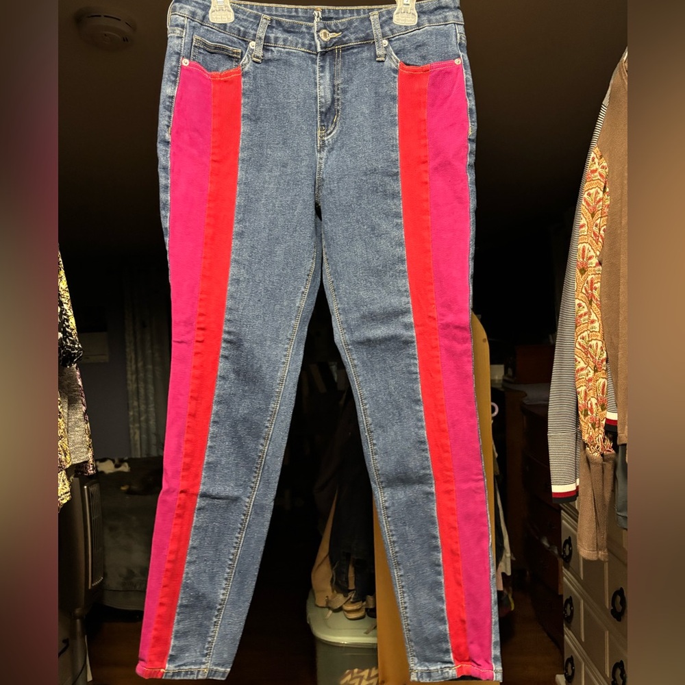 New York & Company Color-Block Blue Jeans with Bold Pink & Red Panels